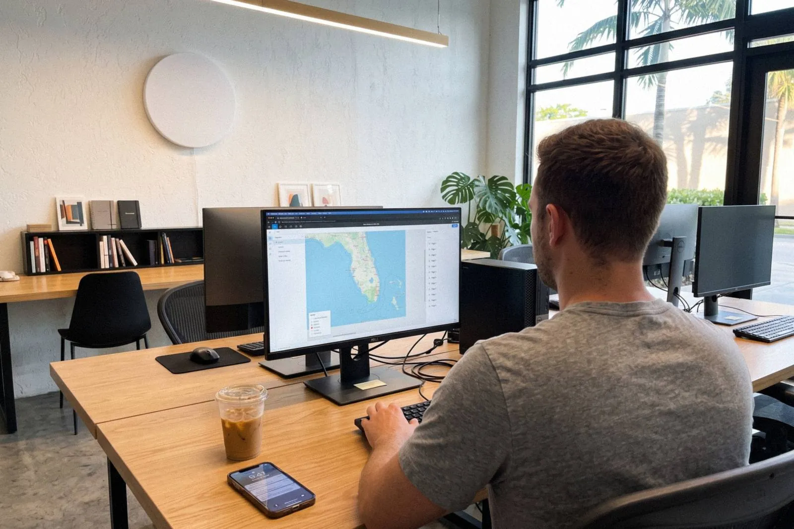Someone at the studio desk with a map of South Florida towns on the screen